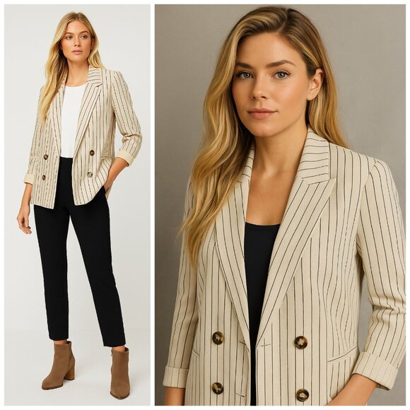 Jules & Leopold Striped Linen Blend Blazer Beige NavyStripe Open Front Womens LG - Picture 1 of 8